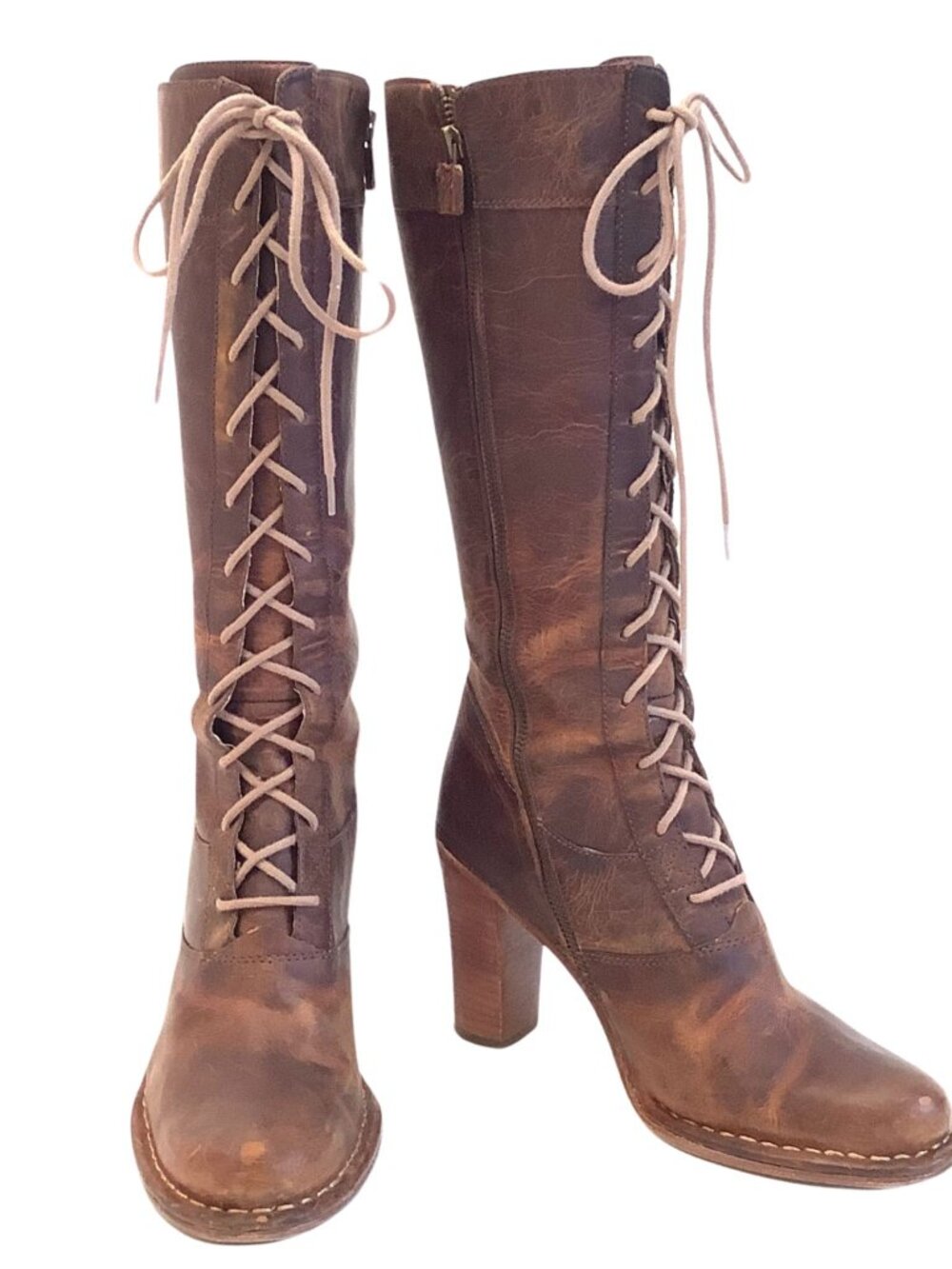 Heeled Combat Boots Knee-High Brown Oiled Leather Size 8 Lace-up